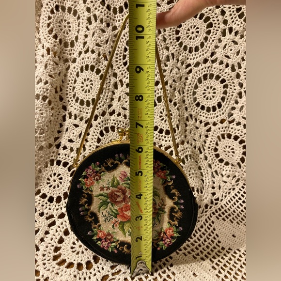 Vintage Circular Clutch Black Bag With Stitched Florals, Gold Accents - Picture 15 of 17